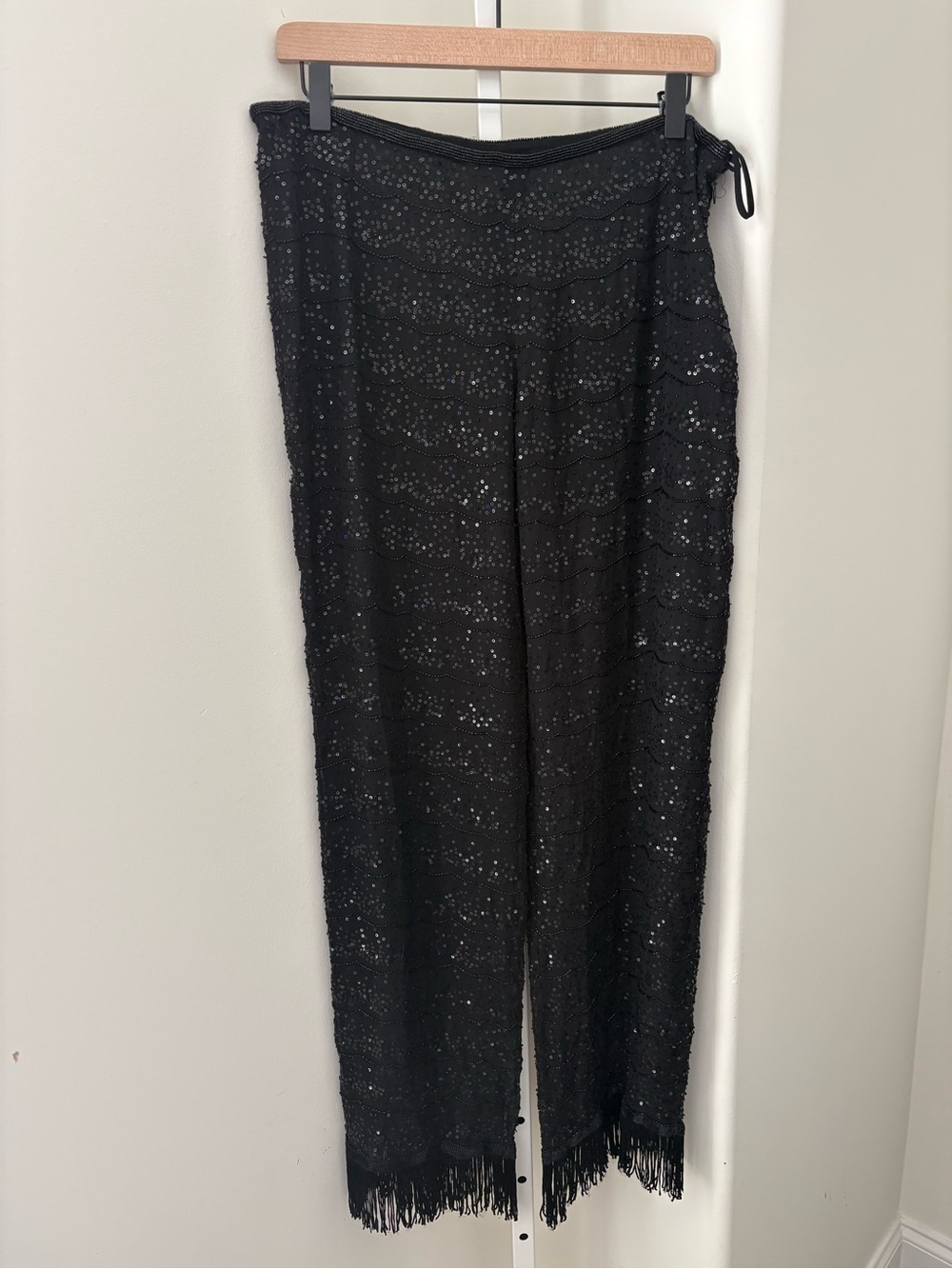 Armani Collezioni Black Sequin Wide Leg Trousers Fringe Hem Evening Pants